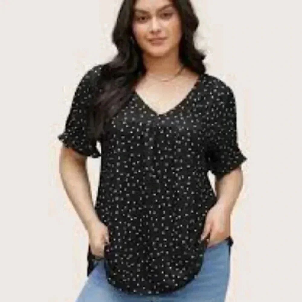 Lane Bryant 100% rayon polka dots black short‎ sleeve blouse